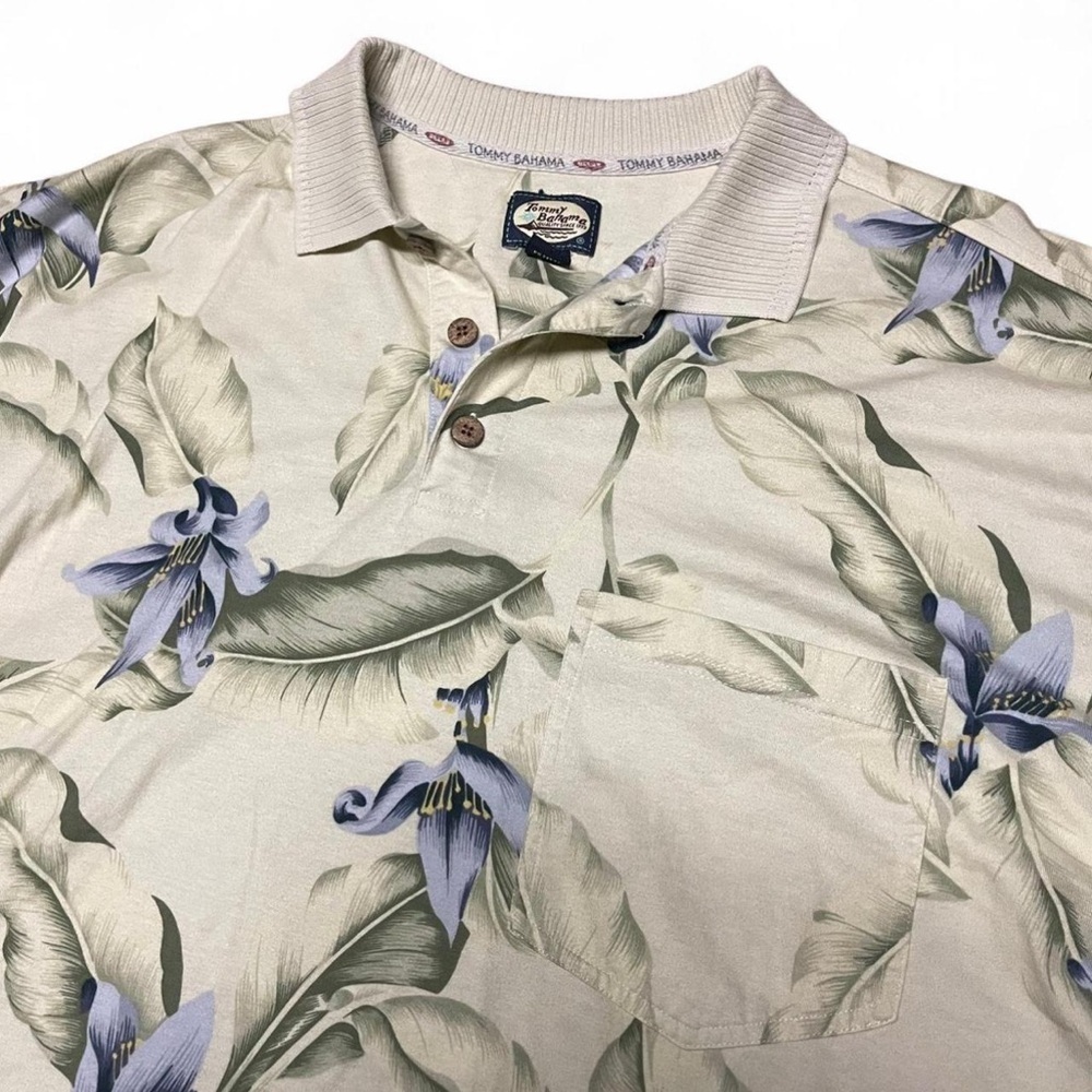 Vintage Tommy Bahama Mens Large Polo Shirt Cream Color Floral Ribbed Collar - Picture 2 of 7